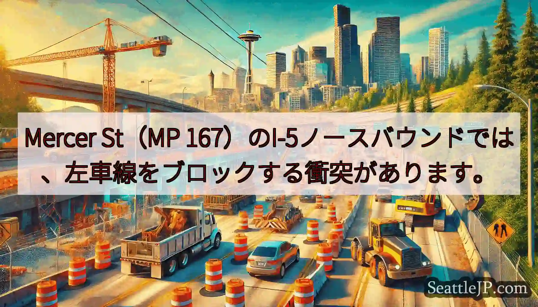 Mercer St（MP 167）のI-5ノースバウンドでは、左車線をブロックする衝突があります。