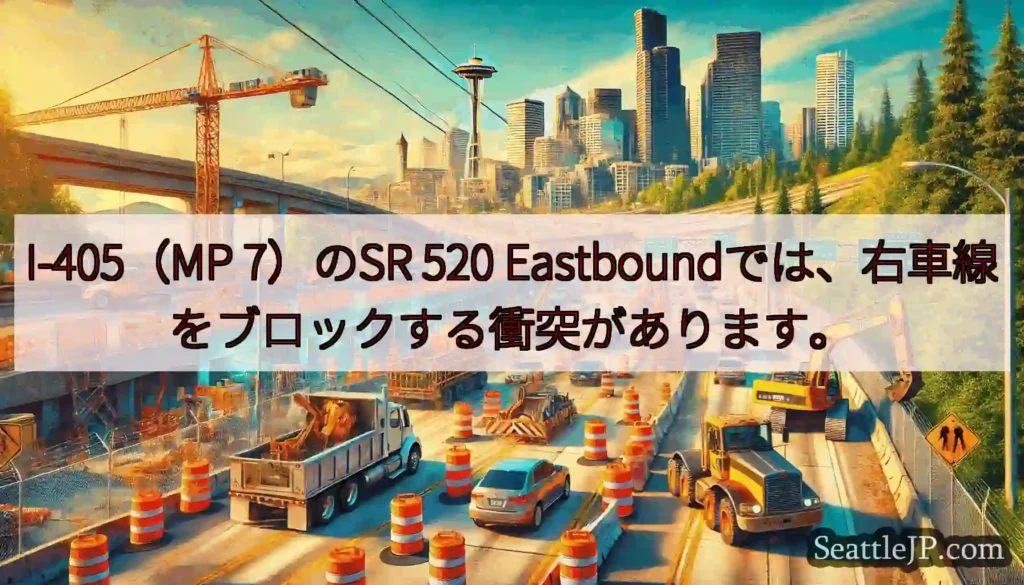 I-405（MP 7）のSR 520 Eastboundでは、右車線をブロックする衝突があります。
