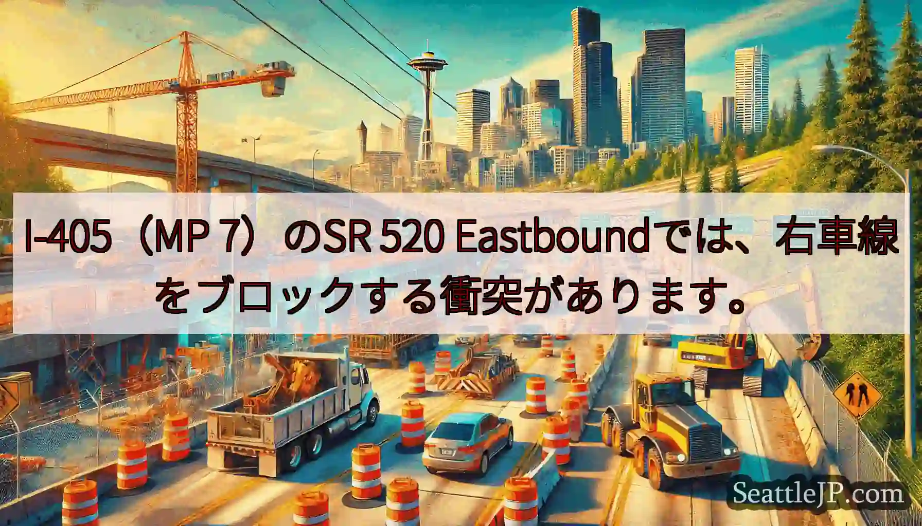 I-405（MP 7）のSR 520 Eastboundでは、右車線をブロックする衝突があります。