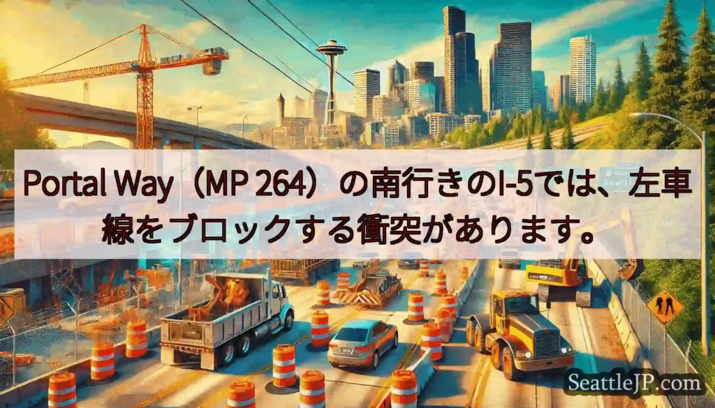 Portal Way（MP 264）の南行きのI-5では、左車線をブロックする衝突があります。