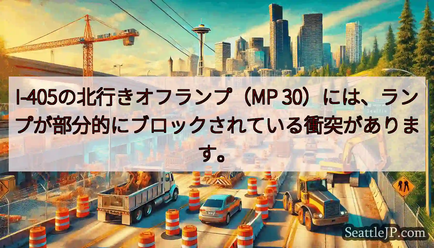 I-405の北行きオフランプ（MP 30）には、ランプが部分的にブロックされている衝突があります。