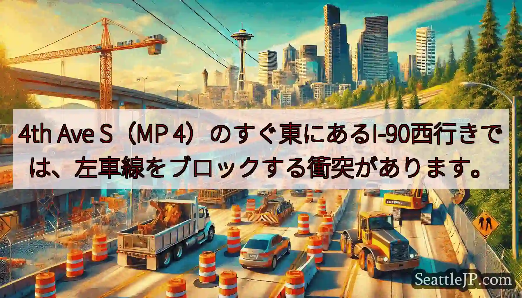 4th Ave S（MP 4）のすぐ東にあるI-90西行きでは、左車線をブロックする衝突があります。