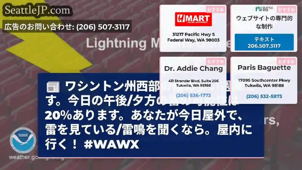 ワシントン州西部の雨の多い週末です。今日の午後/夕方の雷の可能性は20%あります。あなたが今日屋外で