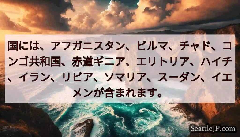 国には、アフガニスタン、ビルマ、チャド、コンゴ共和国、赤道ギニア、エリトリア、ハイチ、イラン、リビア