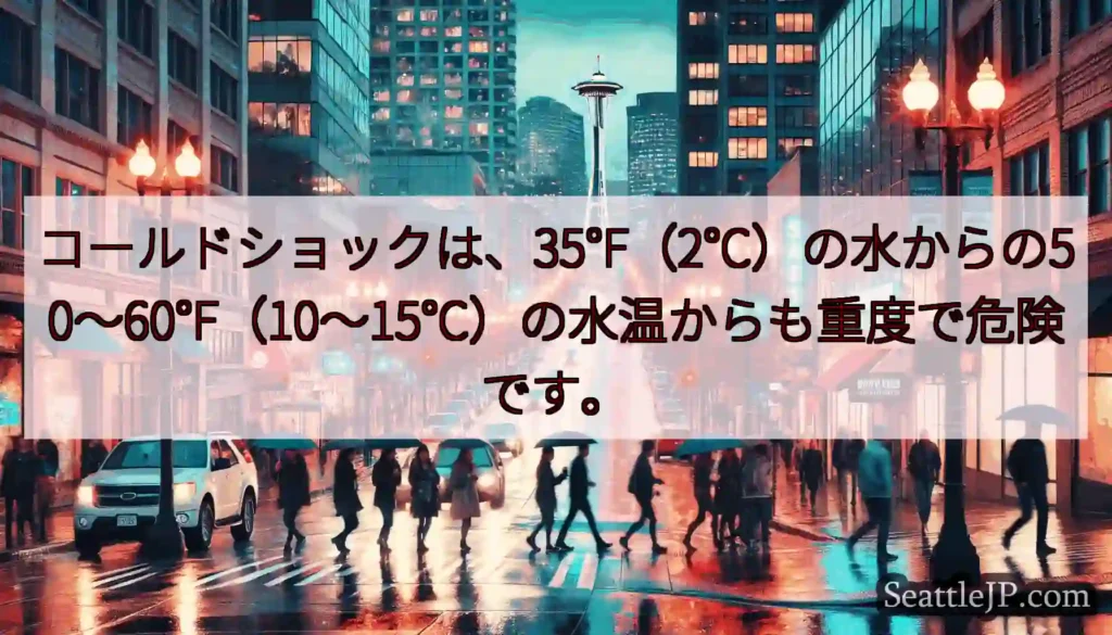 コールドショックは、35°F（2°C）の水からの50〜60°F（10〜15°C）の水温からも重度で危