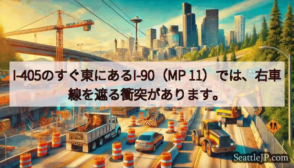 I-405のすぐ東にあるI-90（MP 11）では、右車線を遮る衝突があります。