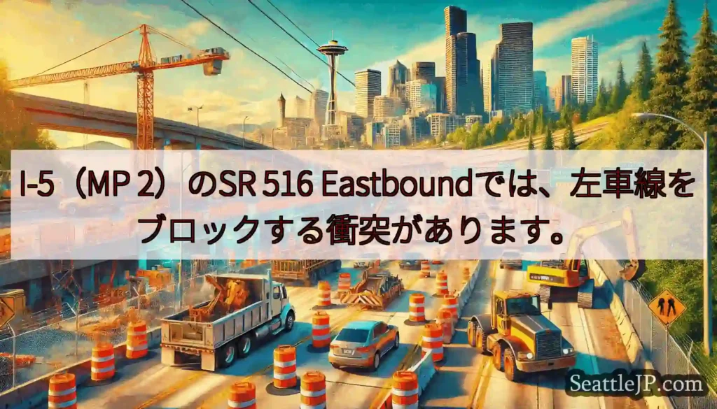 I-5（MP 2）のSR 516 Eastboundでは、左車線をブロックする衝突があります。