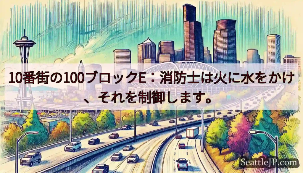 10番街の100ブロックE：消防士は火に水をかけ、それを制御します。