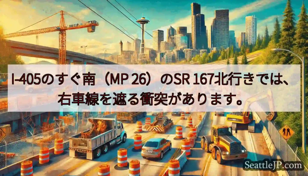 I-405のすぐ南（MP 26）のSR 167北行きでは、右車線を遮る衝突があります。