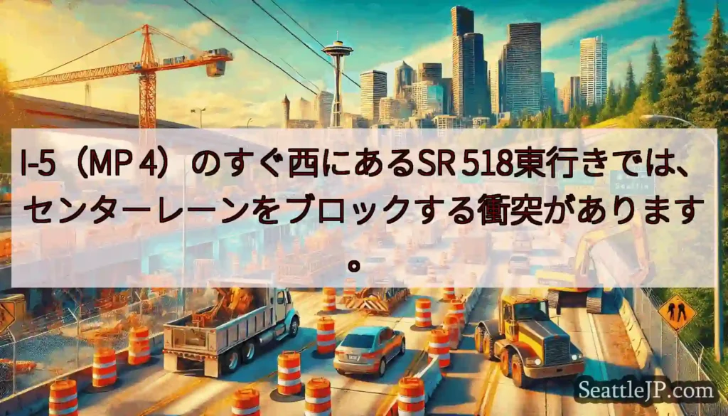 I-5（MP 4）のすぐ西にあるSR 518東行きでは、センターレーンをブロックする衝突があります。