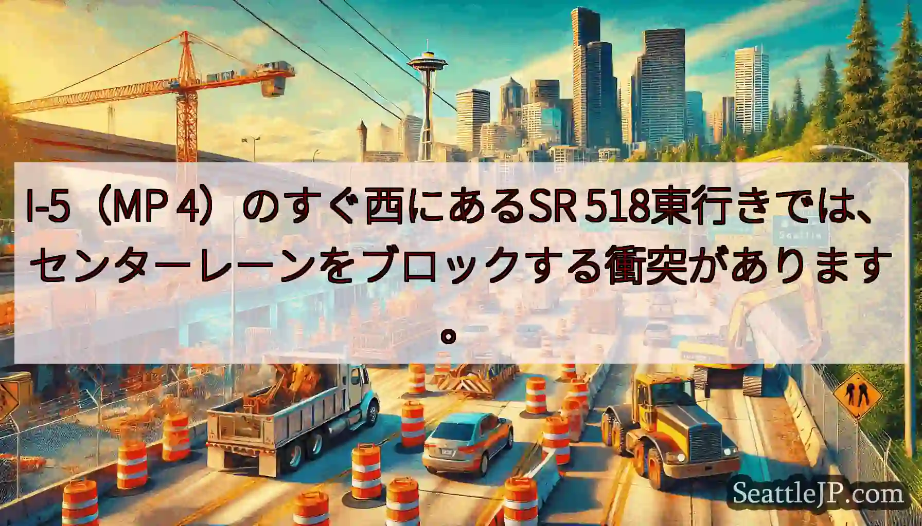 I-5（MP 4）のすぐ西にあるSR 518東行きでは、センターレーンをブロックする衝突があります。