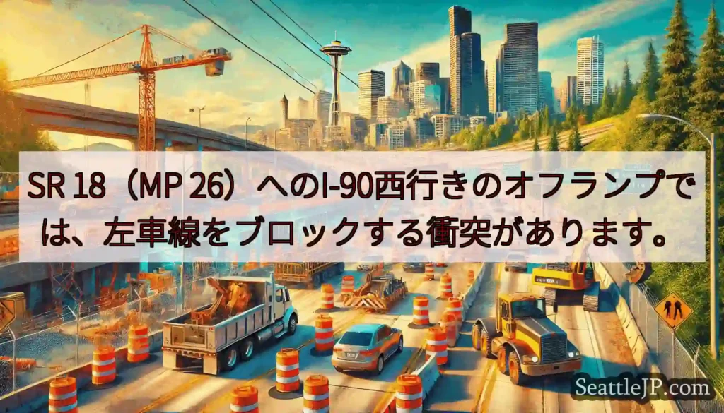 SR 18（MP 26）へのI-90西行きのオフランプでは、左車線をブロックする衝突があります。