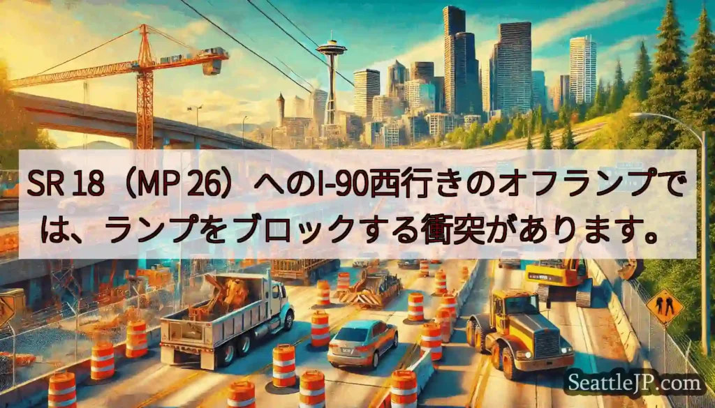 SR 18(MP 26)へのI-90西行きのオフランプでは、ランプをブロックする衝突があります。
