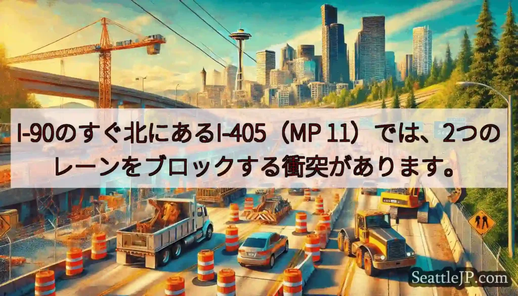 I-90のすぐ北にあるI-405（MP 11）では、2つのレーンをブロックする衝突があります。