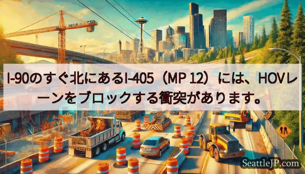 I-90のすぐ北にあるI-405（MP 12）には、HOVレーンをブロックする衝突があります。