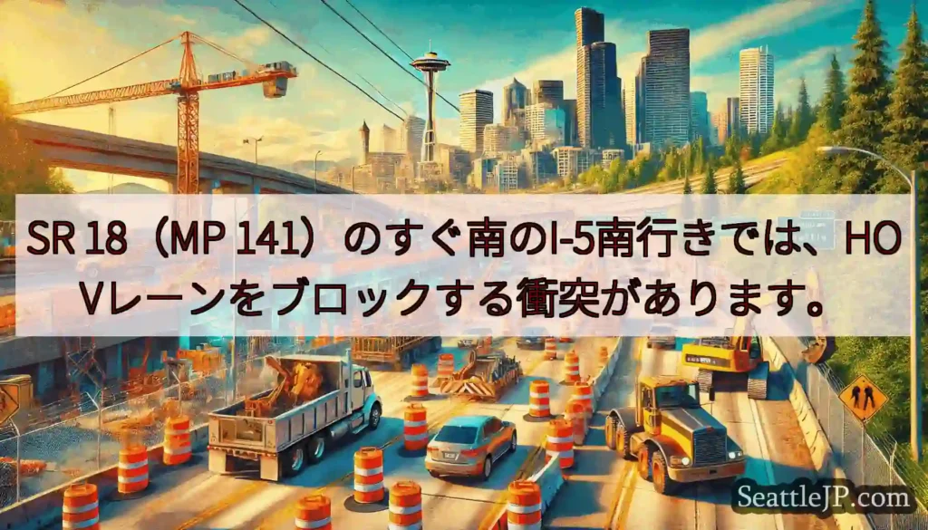 SR 18（MP 141）のすぐ南のI-5南行きでは、HOVレーンをブロックする衝突があります。
