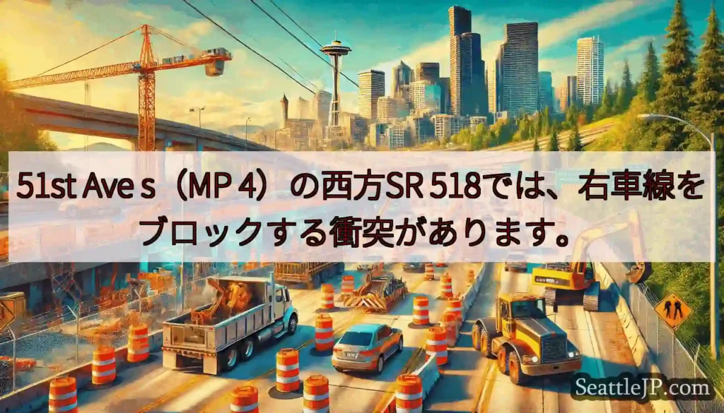 51st Ave s（MP 4）の西方SR 518では、右車線をブロックする衝突があります。