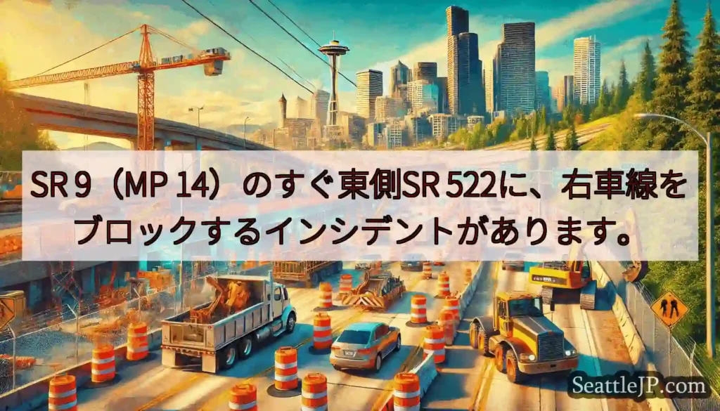 SR 9(MP 14)のすぐ東側SR 522に、右車線をブロックするインシデントがあります。