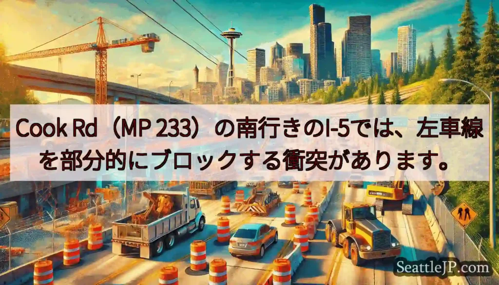 Cook Rd（MP 233）の南行きのI-5では、左車線を部分的にブロックする衝突があります。