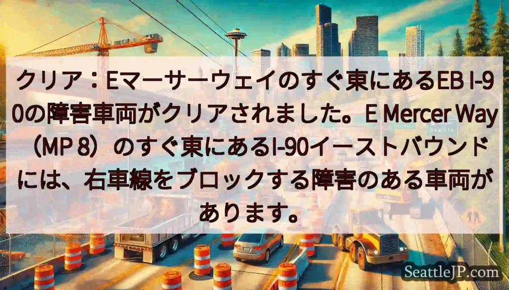 クリア：Eマーサーウェイのすぐ東にあるEB I-90の障害車両がクリアされました。E Mercer