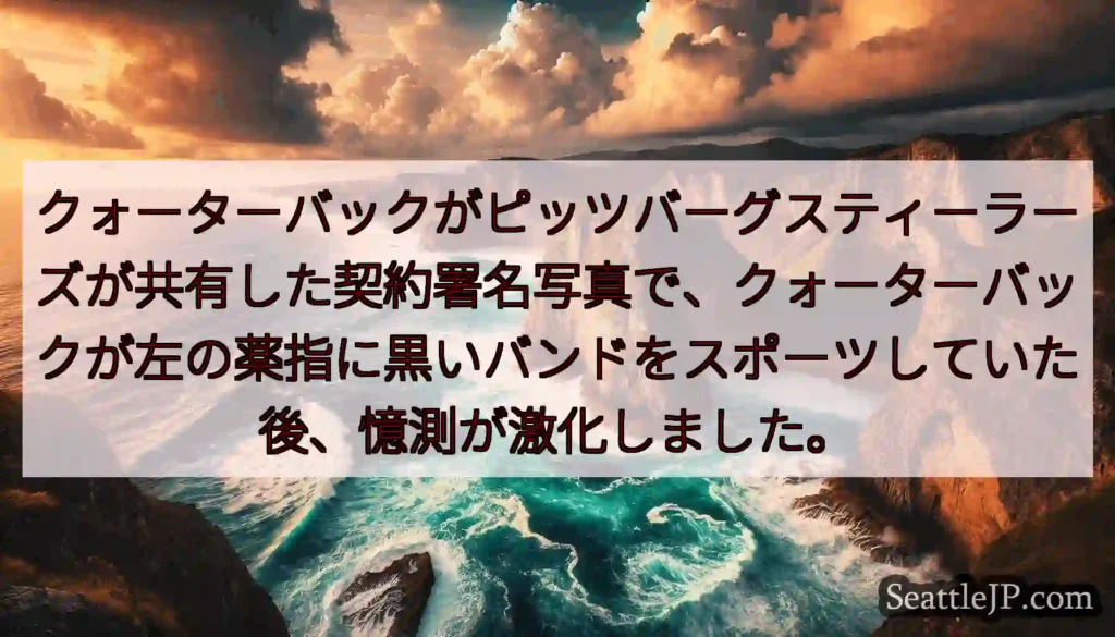 クォーターバックがピッツバーグスティーラーズが共有した契約署名写真で、クォーターバックが左の薬指に黒