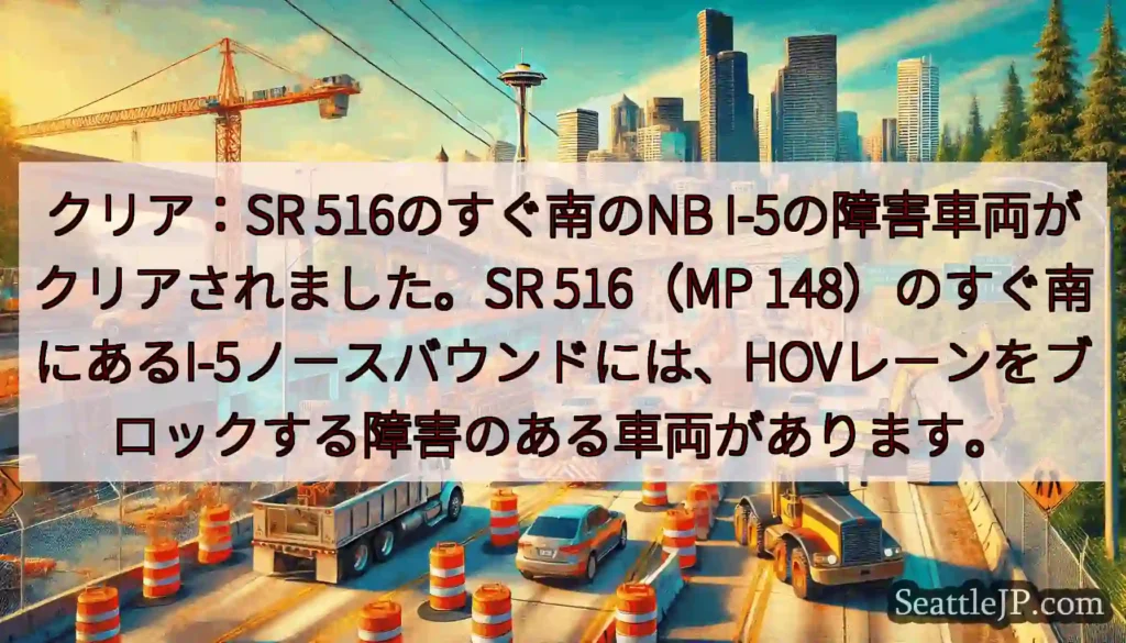 クリア：SR 516のすぐ南のNB I-5の障害車両がクリアされました。SR 516（MP