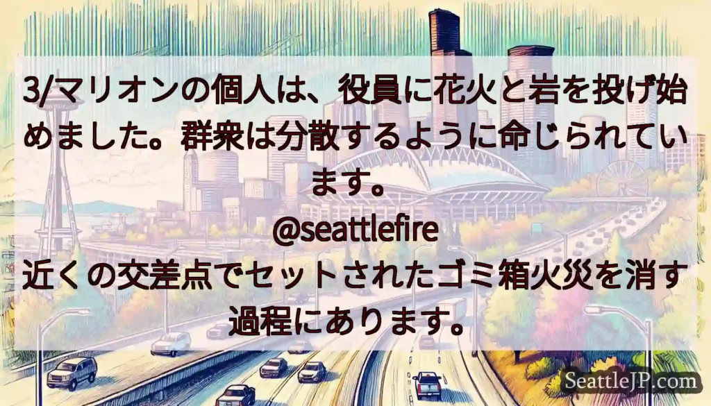 3/マリオンの個人は、役員に花火と岩を投げ始めました。群衆は分散するように命じられています。