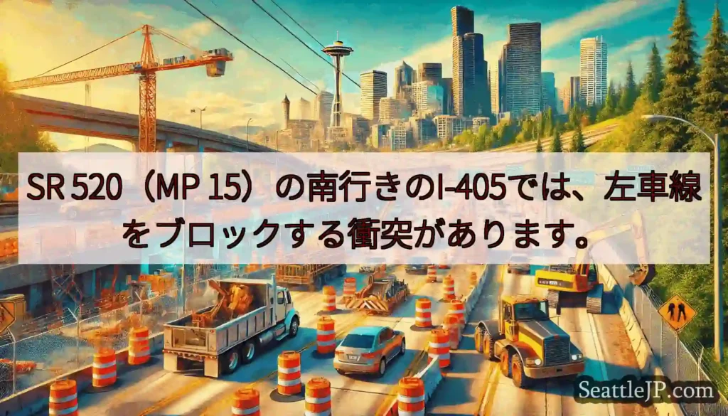 SR 520（MP 15）の南行きのI-405では、左車線をブロックする衝突があります。