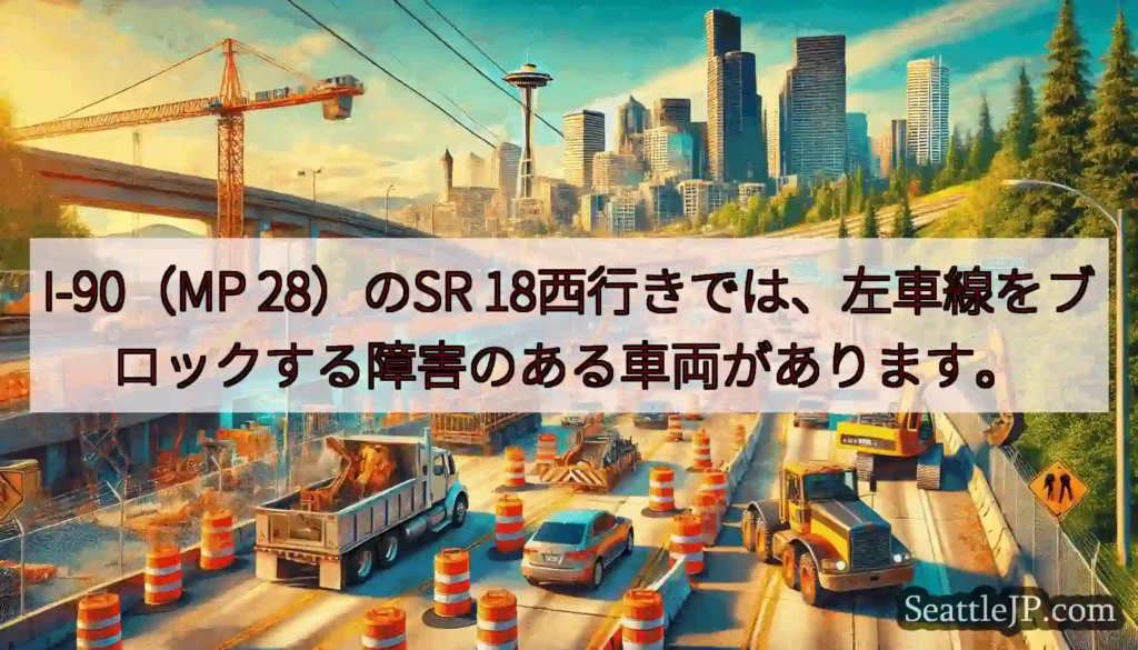 I-90（MP 28）のSR 18西行きでは、左車線をブロックする障害のある車両があります。