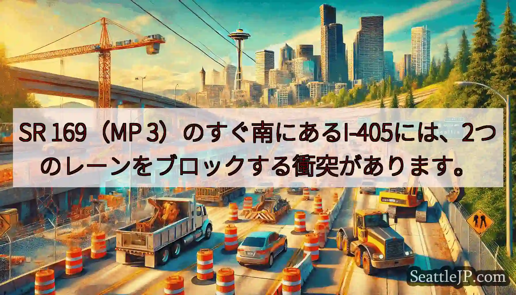 SR 169（MP 3）のすぐ南にあるI-405には、2つのレーンをブロックする衝突があります。