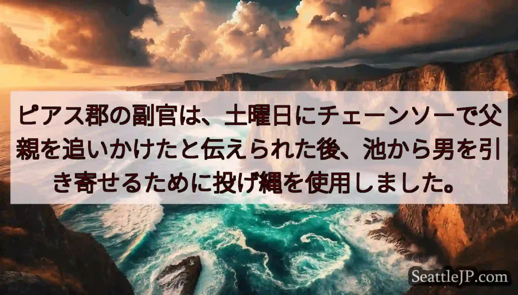 ピアス郡の副官は、土曜日にチェーンソーで父親を追いかけたと伝えられた後、池から男を引き寄せるために投