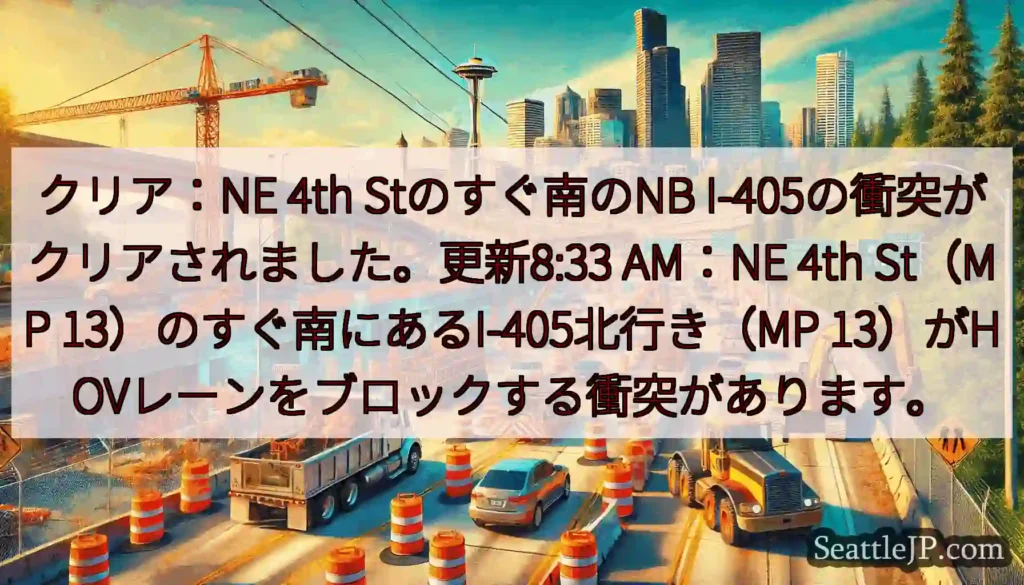 クリア：NE 4th Stのすぐ南のNB I-405の衝突がクリアされました。更新8:33