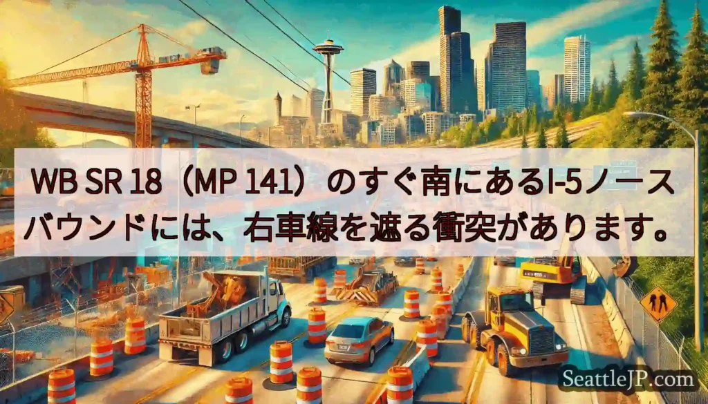 WB SR 18（MP 141）のすぐ南にあるI-5ノースバウンドには、右車線を遮る衝突があります。