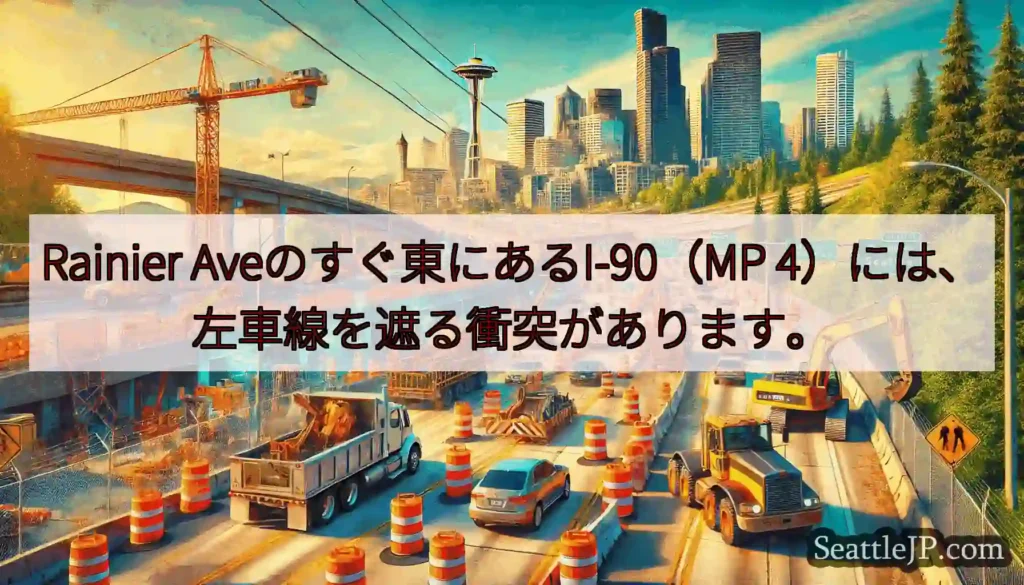 Rainier Aveのすぐ東にあるI-90（MP 4）には、左車線を遮る衝突があります。