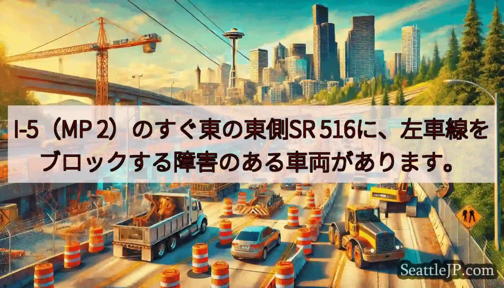 I-5（MP 2）のすぐ東の東側SR 516に、左車線をブロックする障害のある車両があります。