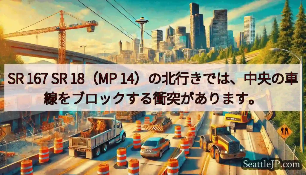 SR 167 SR 18（MP 14）の北行きでは、中央の車線をブロックする衝突があります。