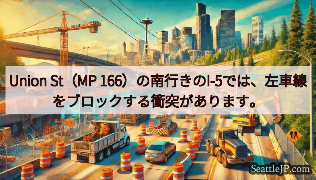 Union St（MP 166）の南行きのI-5では、左車線をブロックする衝突があります。