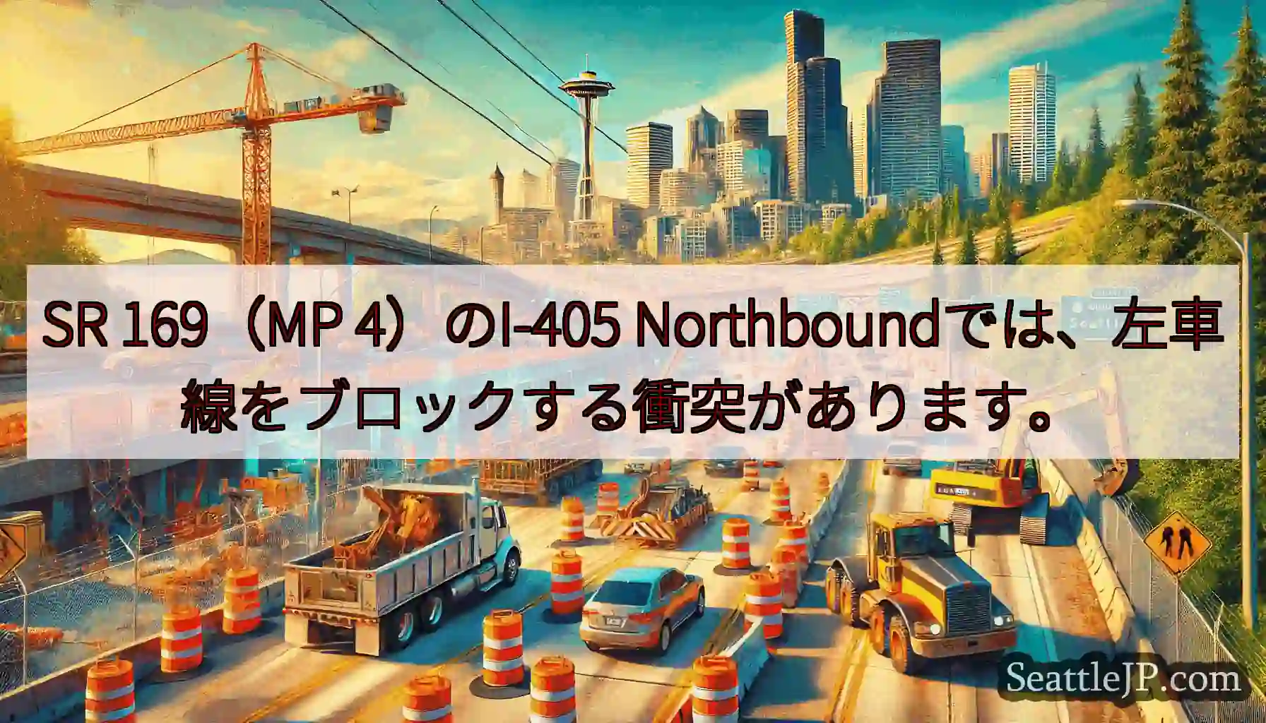 SR 169（MP 4）のI-405 Northboundでは、左車線をブロックする衝突があります。