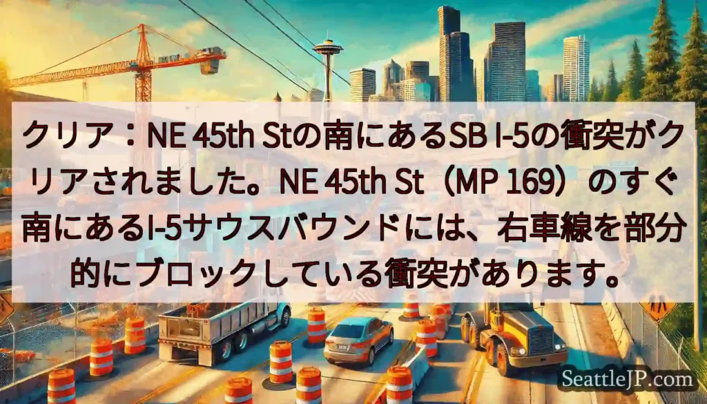 クリア：NE 45th Stの南にあるSB I-5の衝突がクリアされました。NE 45th