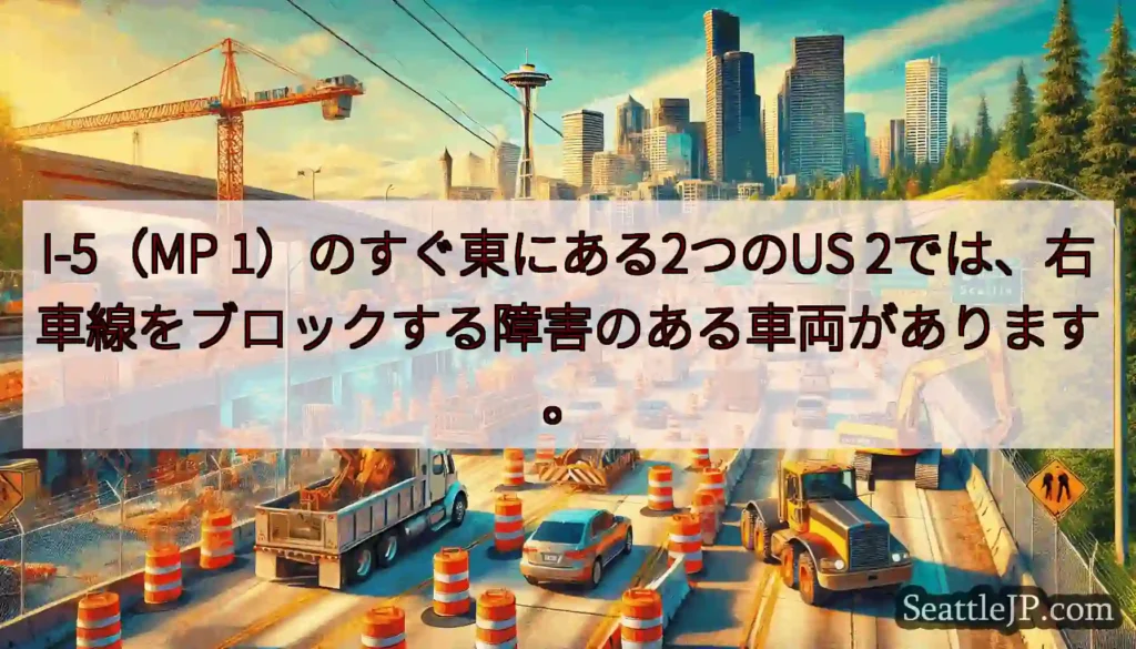 I-5（MP 1）のすぐ東にある2つのUS 2では、右車線をブロックする障害のある車両があります。