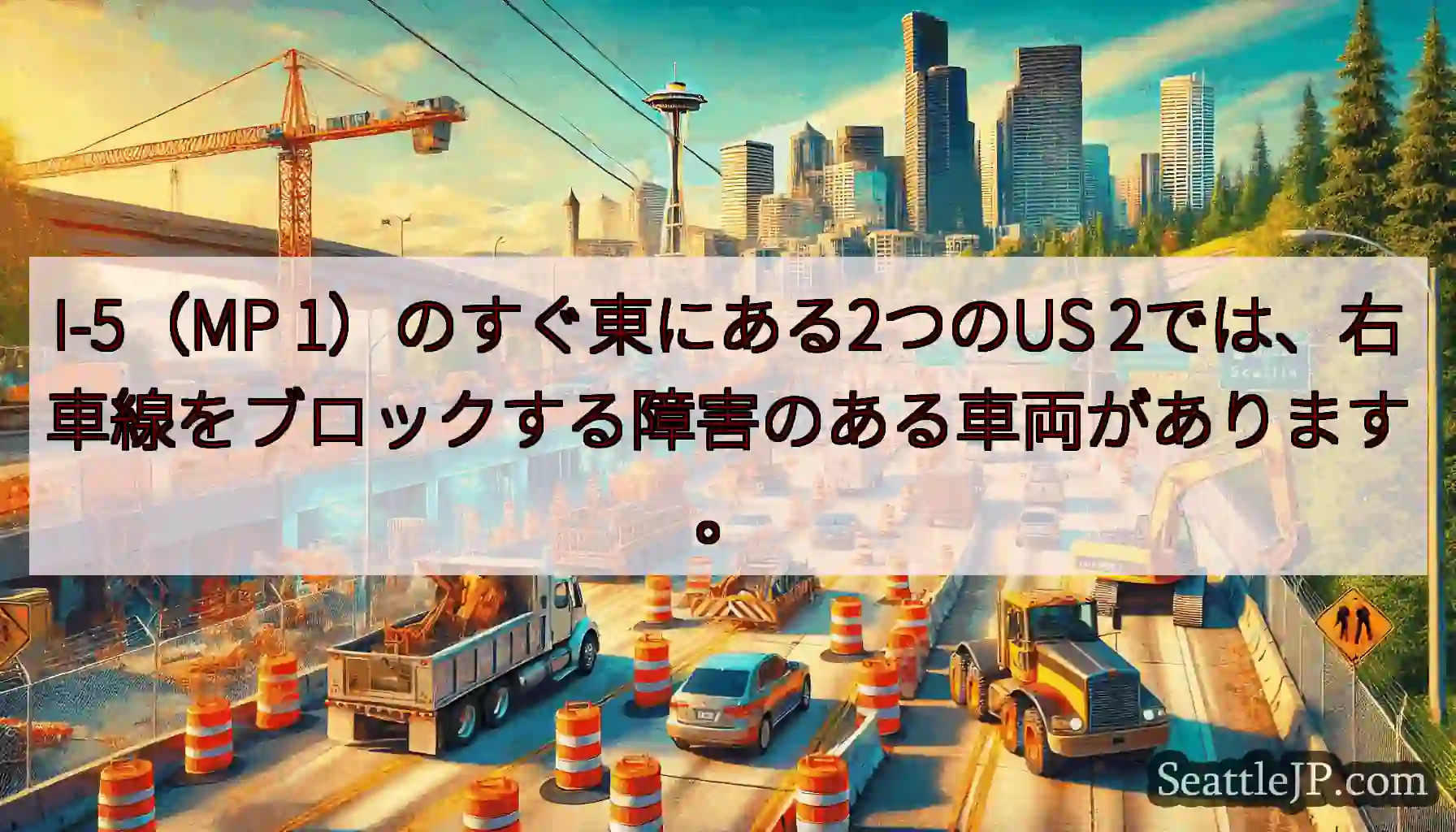 I-5（MP 1）のすぐ東にある2つのUS 2では、右車線をブロックする障害のある車両があります。