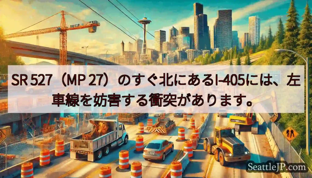 SR 527（MP 27）のすぐ北にあるI-405には、左車線を妨害する衝突があります。