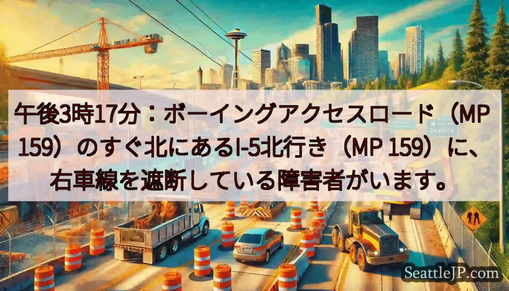 午後3時17分：ボーイングアクセスロード（MP 159）のすぐ北にあるI-5北行き（MP
