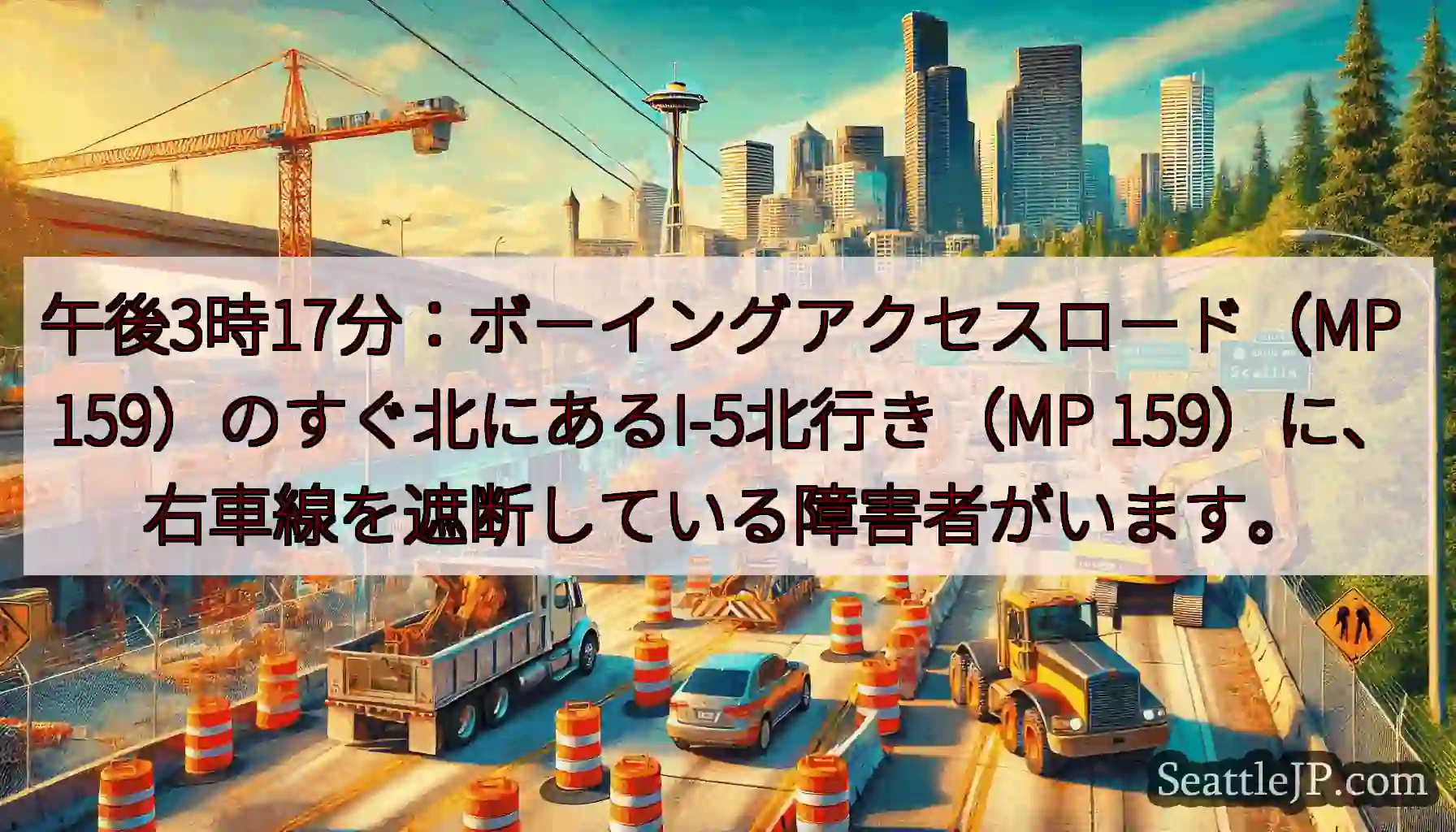 午後3時17分：ボーイングアクセスロード（MP 159）のすぐ北にあるI-5北行き（MP