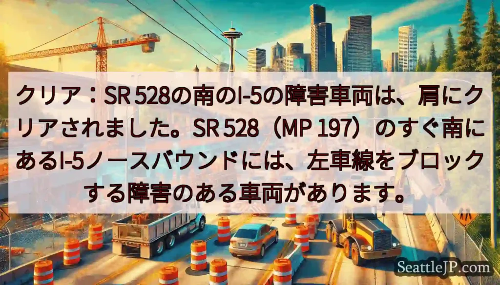 クリア：SR 528の南のI-5の障害車両は、肩にクリアされました。SR 528（MP