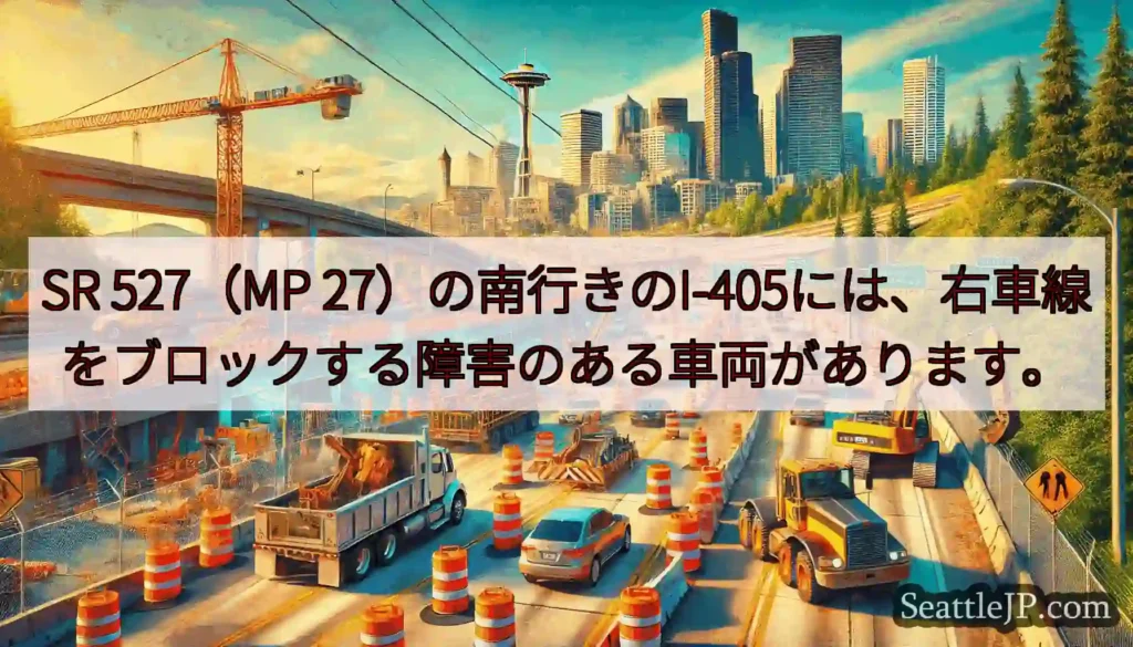 SR 527（MP 27）の南行きのI-405には、右車線をブロックする障害のある車両があります。