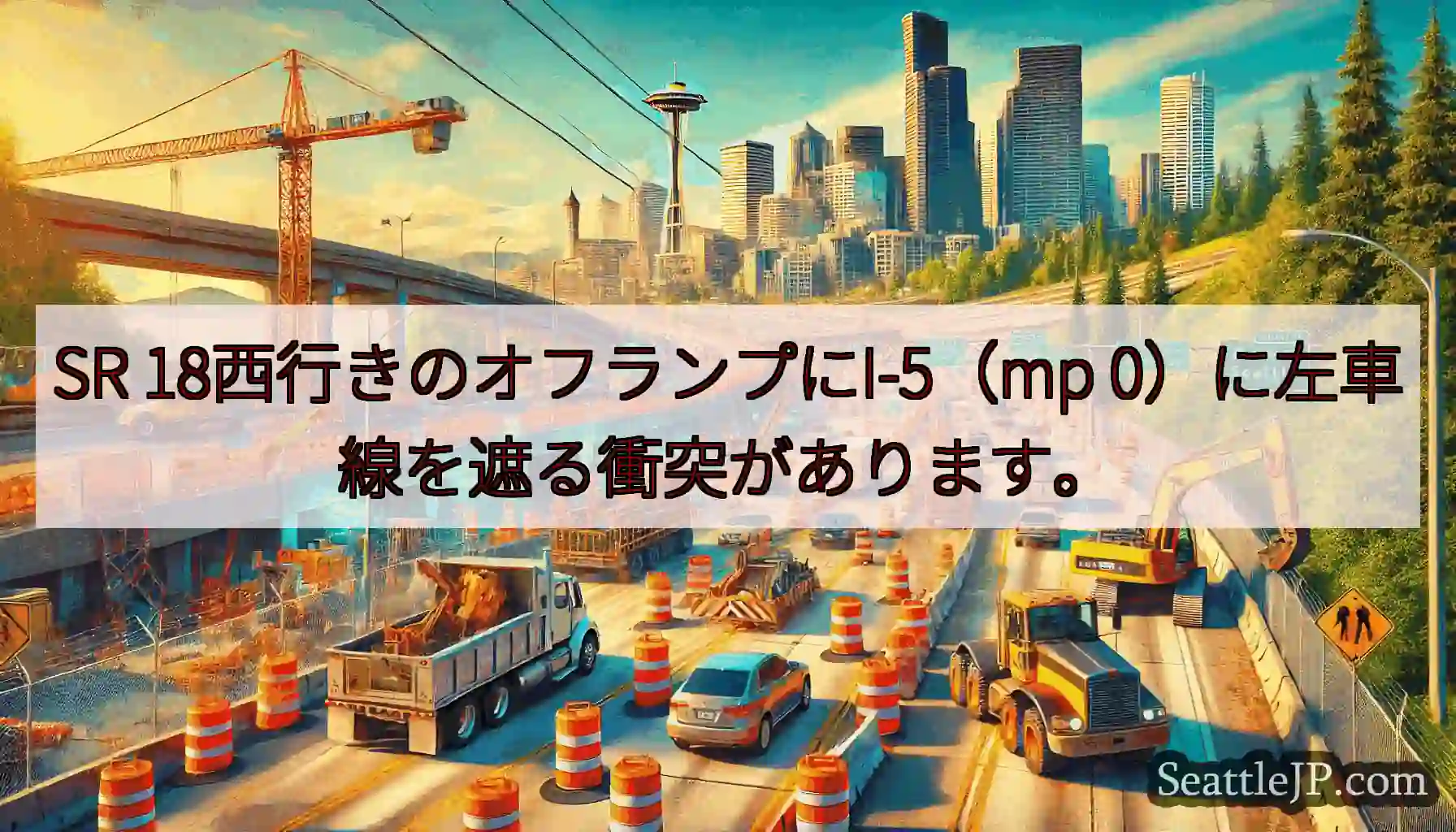 SR 18西行きのオフランプにI-5（mp 0）に左車線を遮る衝突があります。