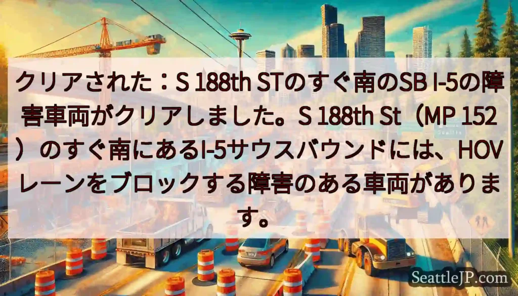クリアされた：S 188th STのすぐ南のSB I-5の障害車両がクリアしました。S 188th