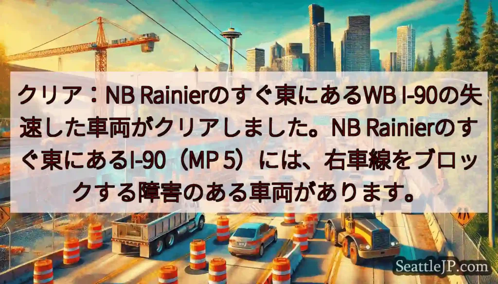 クリア：NB Rainierのすぐ東にあるWB I-90の失速した車両がクリアしました。NB