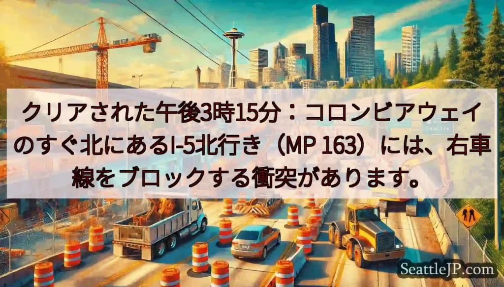 クリアされた午後3時15分：コロンビアウェイのすぐ北にあるI-5北行き（MP
